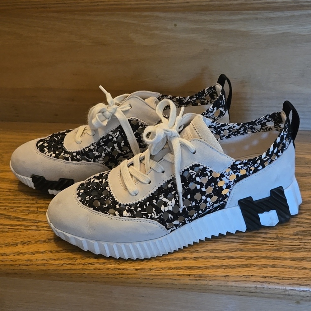 Hermes Bouncing Women's Black and White Patterned Sneakers, 7, GUC, Luxury, Auth